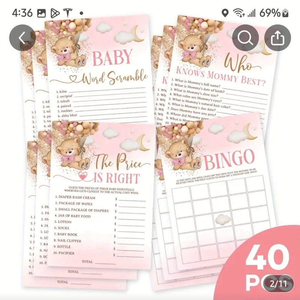 Double-Sided Pink Teddy Bear Baby Shower Party GameCards - Fun and Interactive.‎
